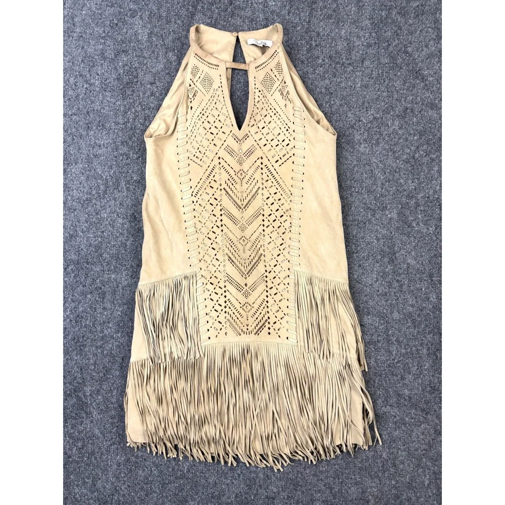 Parker Suede Fringe Dress XS Tan Laser Cut Western Boho Festival